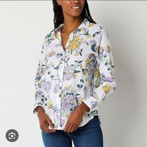 Liz Claiborne Floral Button Down Shirt - White, Yellow, Purple